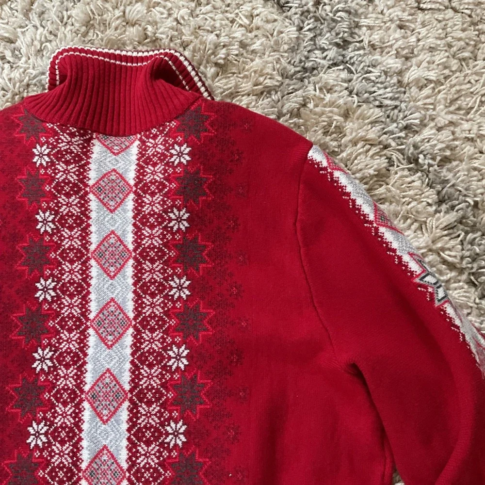 Eddie Bauer Womens Red Fair Isle Full Zip Nordic Snowflake Sweater Mock‎ Neck L